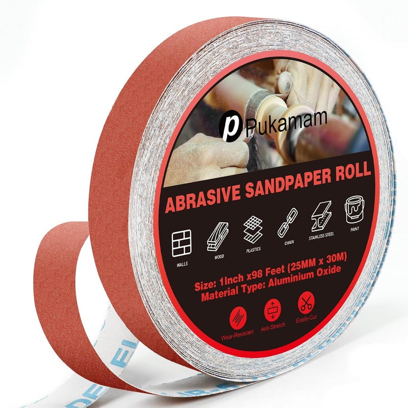 Pukamam Emery Cloth Roll, 180 Grit Sandpaper Roll, 1" x 98 Feet Long Red Continuous Sand Paper Roll, Wet and Dry Emory Cloths for Metal, Polishing and Surface Treatment of Wood,Furniture - Image 1